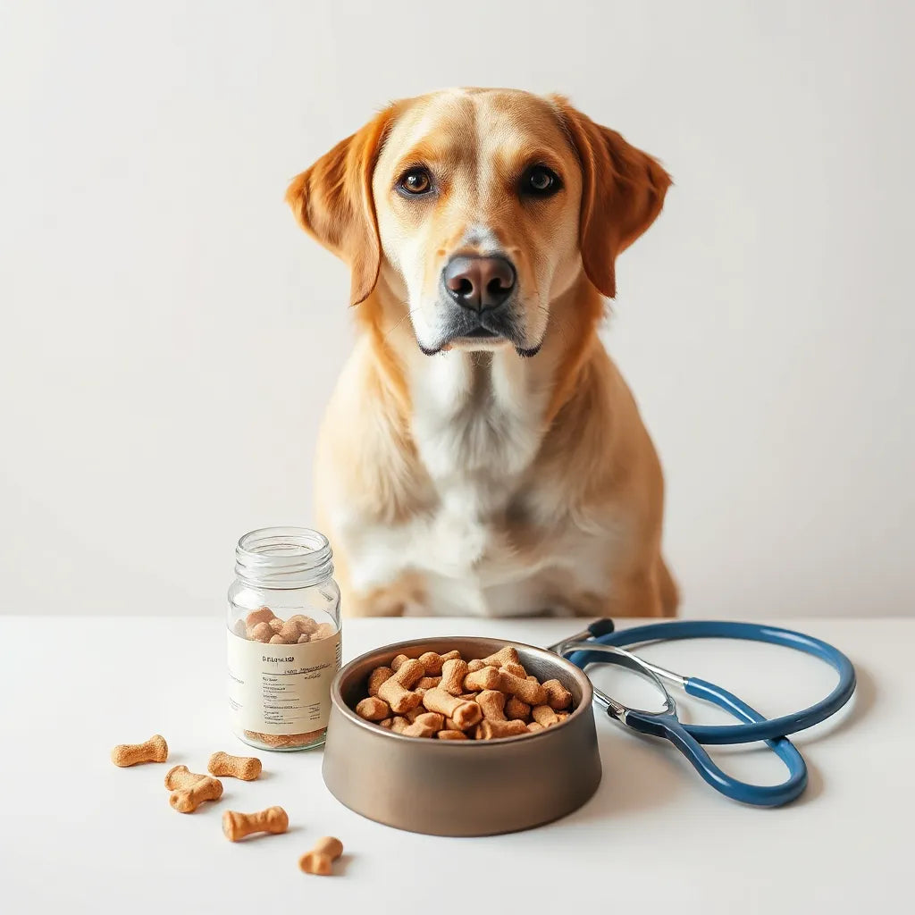 Perro junto a frascos y suplementos para mascotas sobre fondo claro y utensilios de preparación