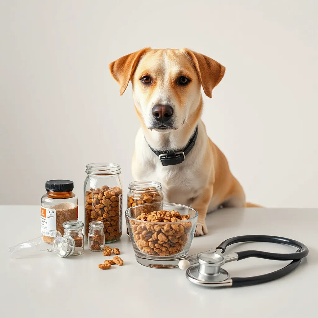 Perro sentado junto a frascos de suplementos para mascotas y una cuchara medidora en una mesa limpia