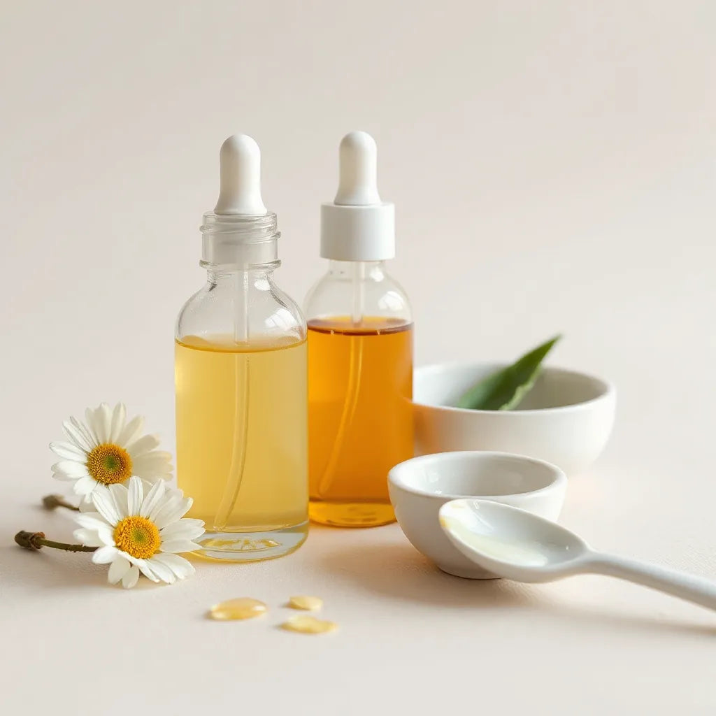 Botes de suero facial de vidrio con gotero y elementos botánicos en fondo neutro, con luz natural suave