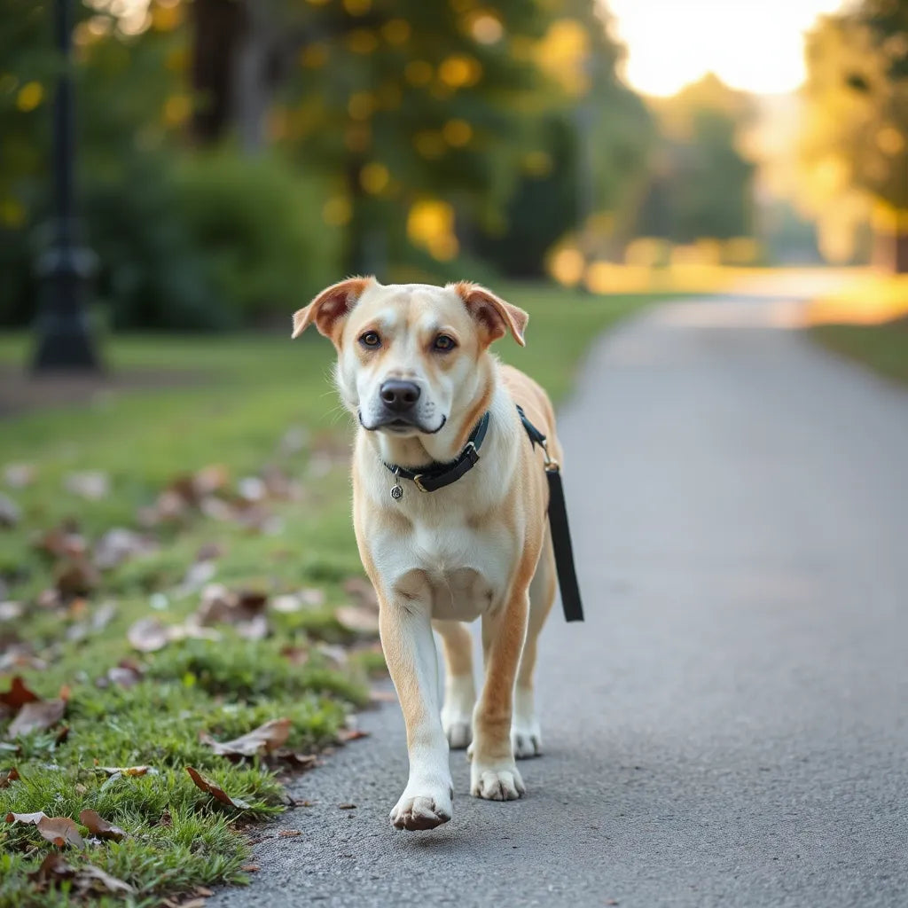 Perro caminando en un parque, con postura cómoda y enfoque en bienestar articular