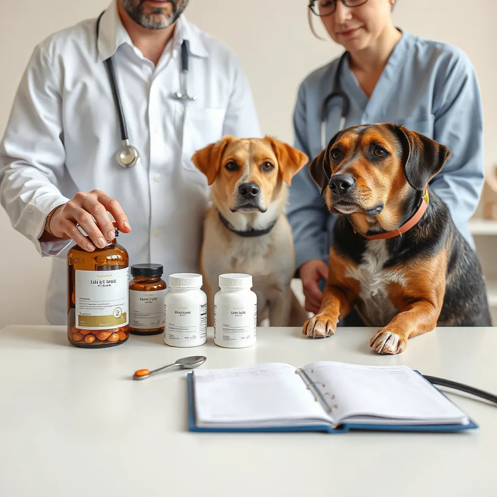 Veterinario y dueño revisan suplementos para perros junto a un perro tranquilo en una mesa clínica