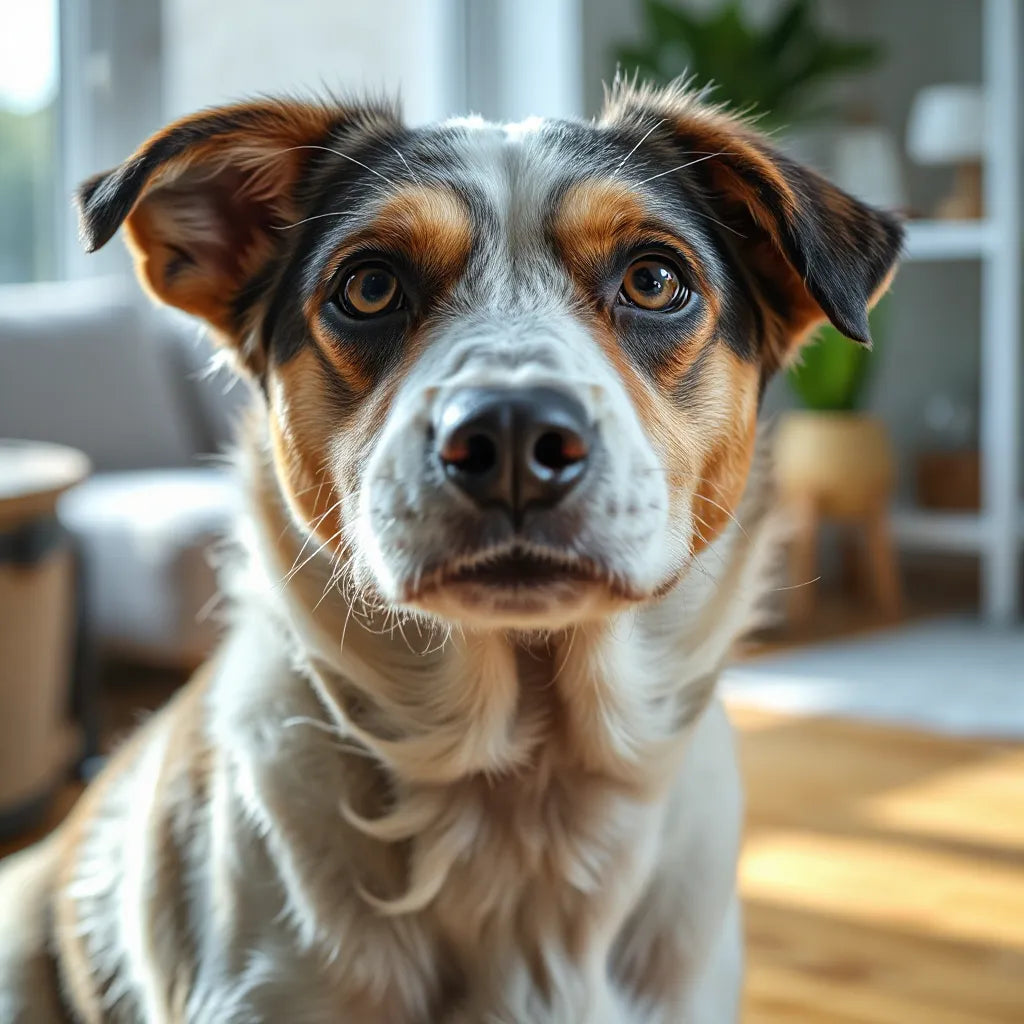 Perro de pelaje bien cuidado con textura visible, piel sana y luz natural en un entorno doméstico.