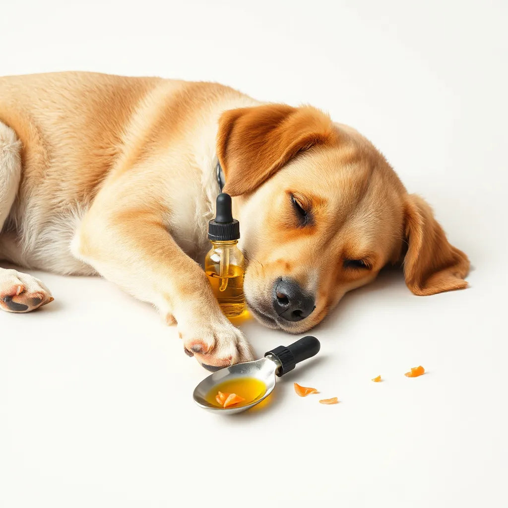 Perro tranquilo junto a frasco cuentagotas y cucharita con aceite de salmón, con escamas visibles
