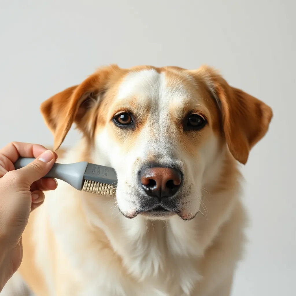 Perro con pelaje brillante mientras una mano lo cepilla suavemente para mostrar textura y brillo