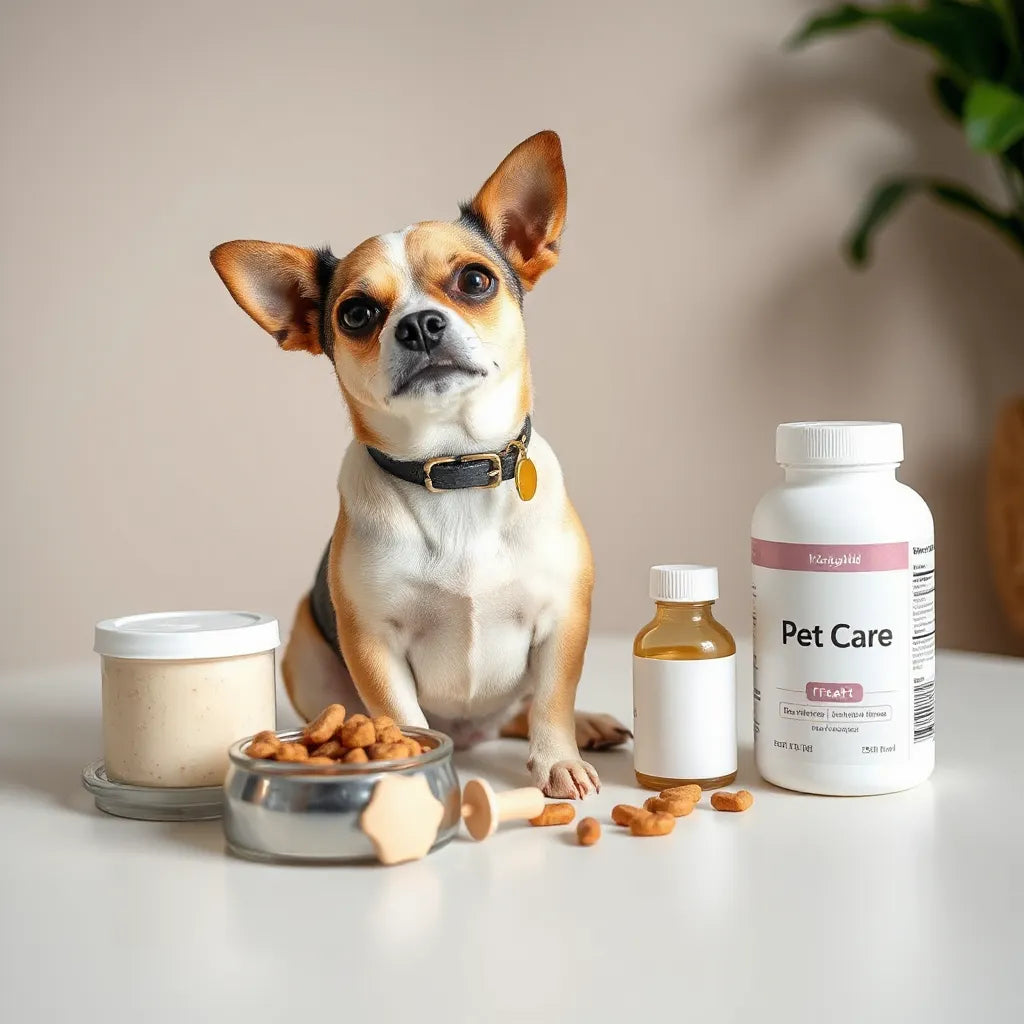 Perro de raza pequeña junto a productos de cuidado como comida y suplementos para mascotas