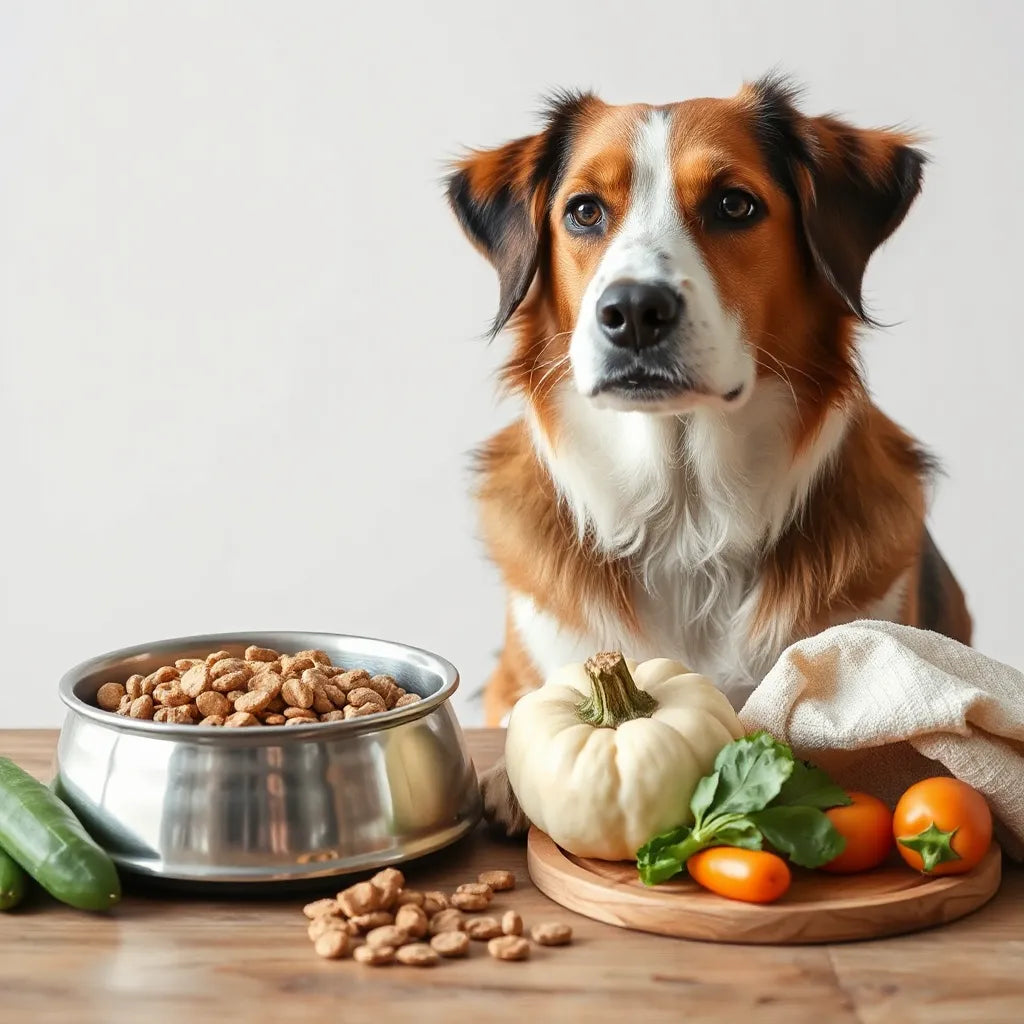 Perro saludable junto a un cuenco de comida y alimentos naturales sobre una mesa de madera