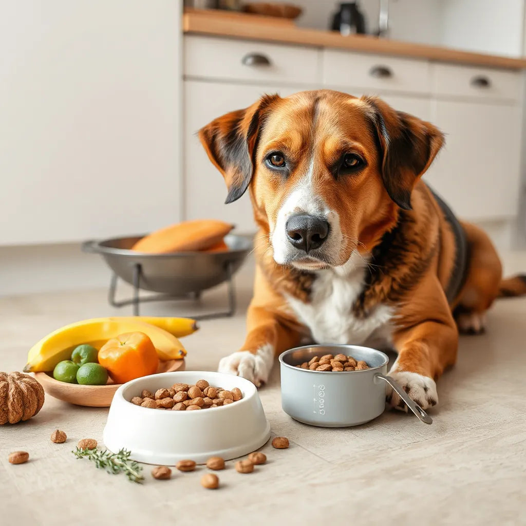 Perro junto a un plato con ración medida de comida y un cuenco de agua en una cocina luminosa