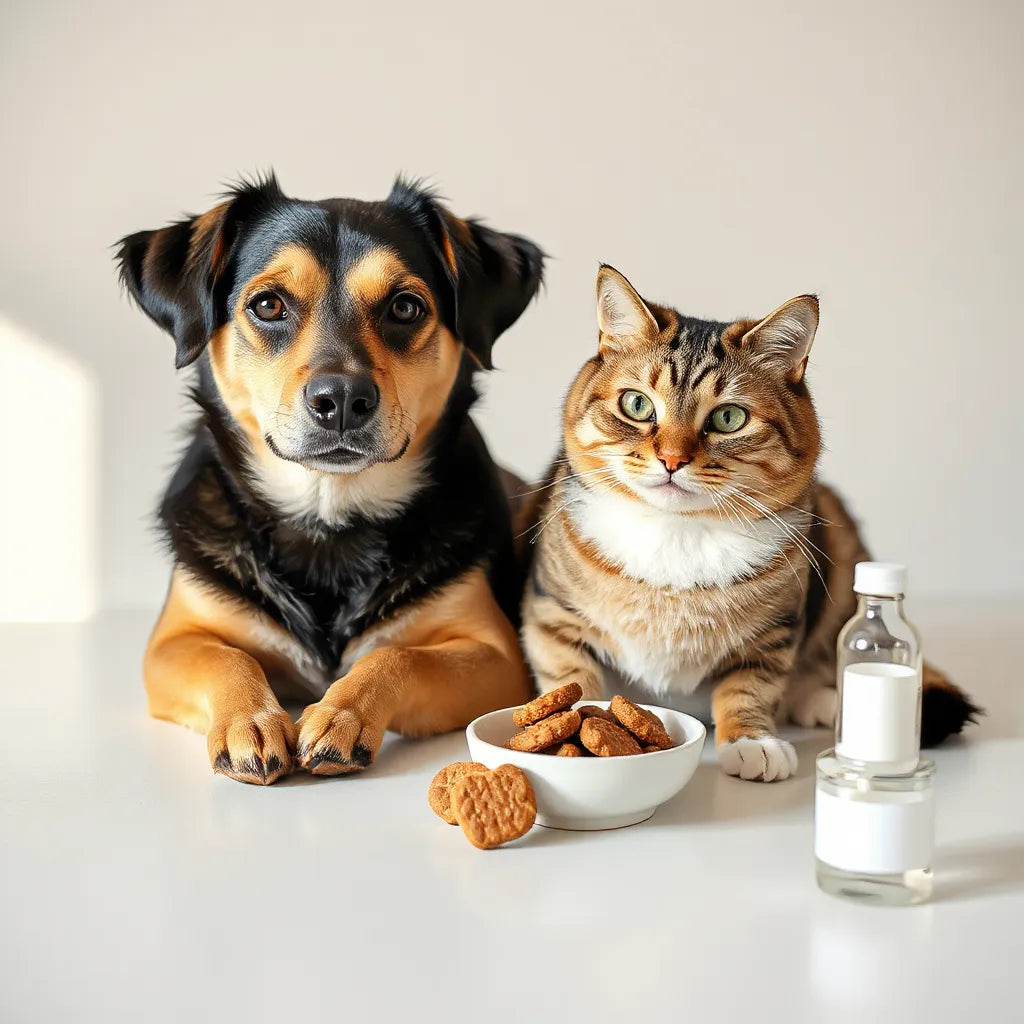 Perro y gato con pelaje brillante junto a suplementos para cuidar piel y pelaje