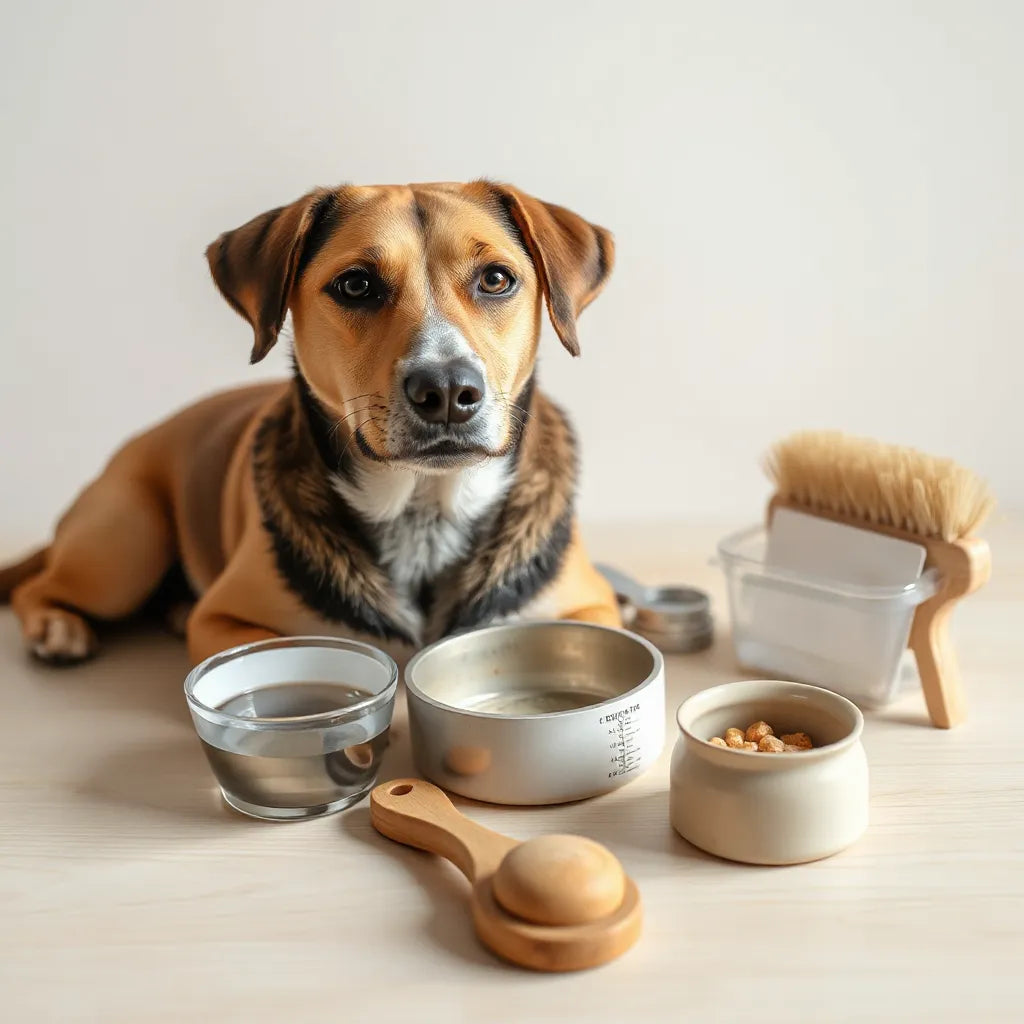 Perro atento junto a productos de cuidado y bienestar para perros en una mesa de madera