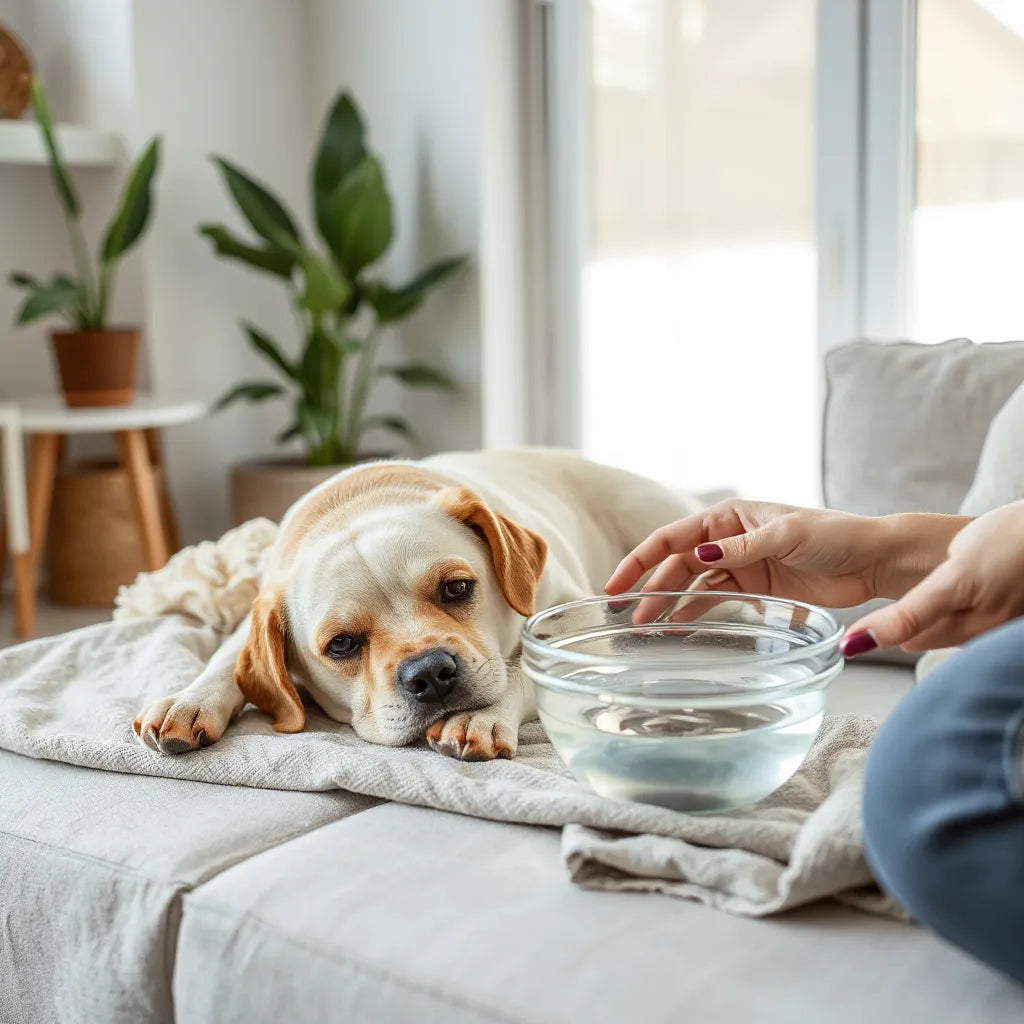 Perro mayor descansando junto a un cuenco de agua y una persona ofreciendo cuidado en casa
