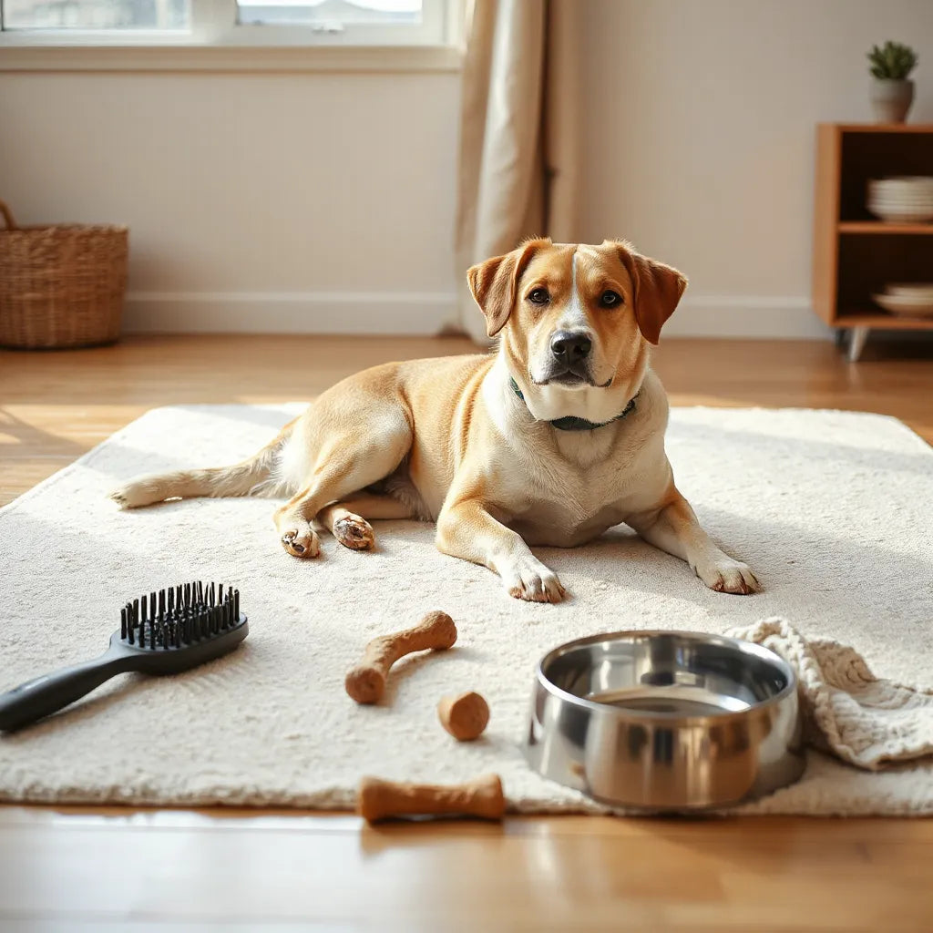 Perro relajado junto a cepillo, manta, agua y accesorios básicos de bienestar canino