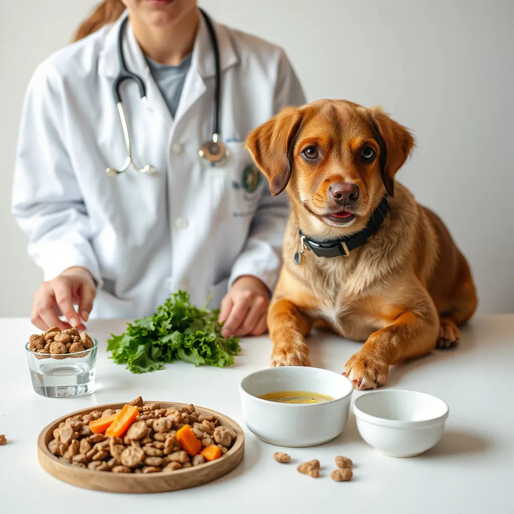 Veterinario revisando una dieta equilibrada junto a un perro sano y cuencos de comida y agua