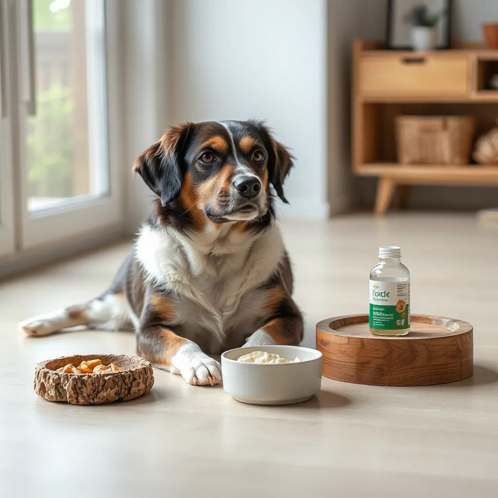 Perro tranquilo junto a un recipiente y un frasco de suplemento nutricional para perros en un entorno limpio