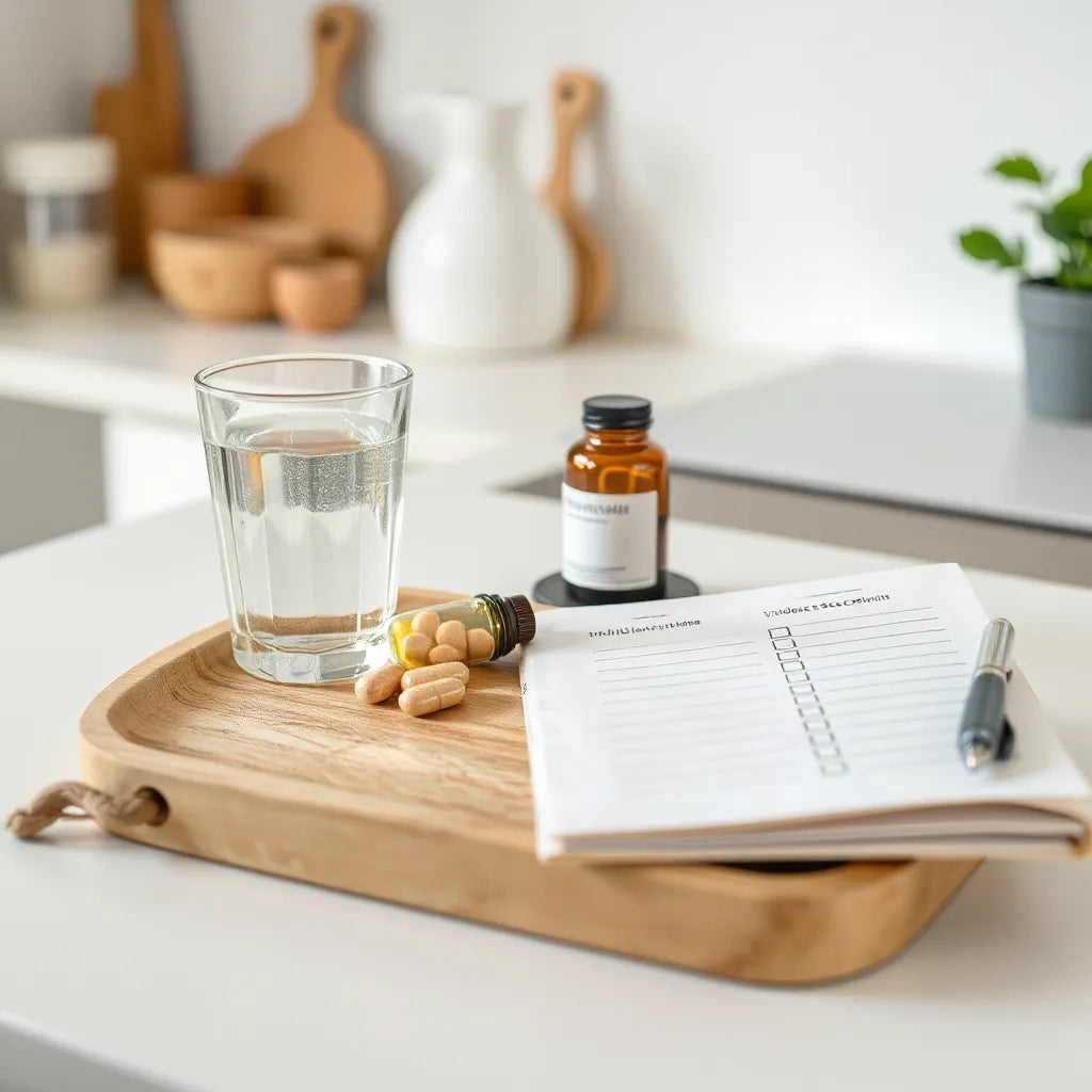 Capsulas y botellas de suplementos sin etiquetas junto a un vaso de agua y una lista en un cuaderno