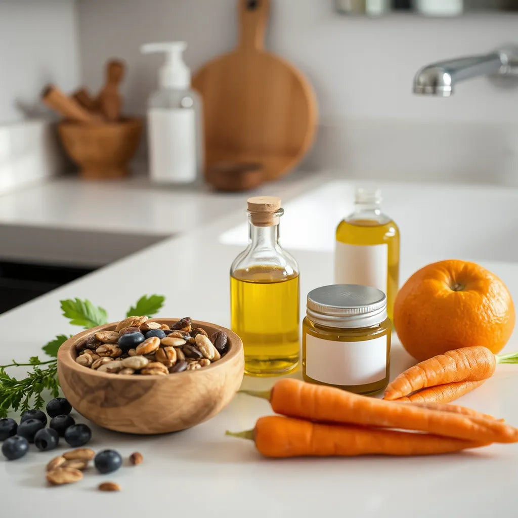 Ingredientes saludables y aceites naturales junto a un frasco de cuidado facial, con luz natural suave.