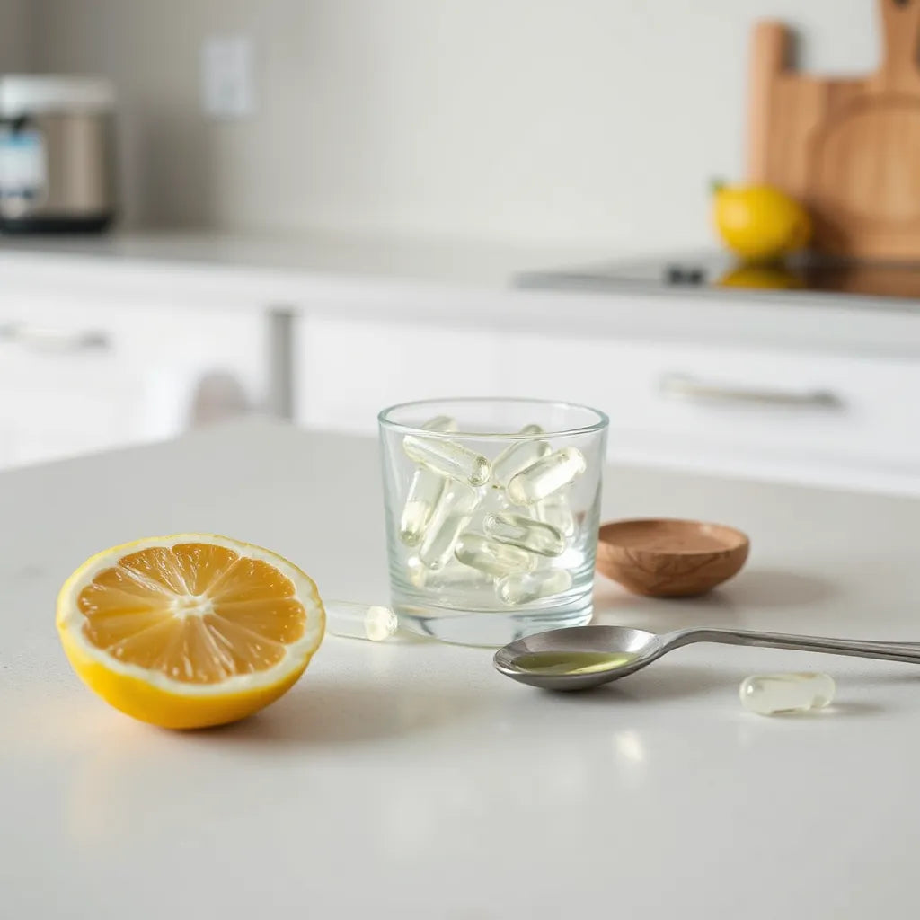 Cápsulas blandas de omega 3 en un recipiente de vidrio sobre una superficie con luz natural