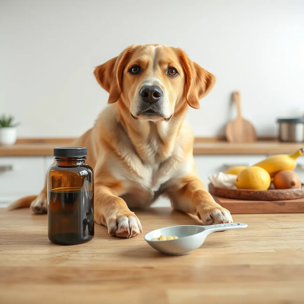Perro tranquilo junto a un frasco de suplemento de omega 3 y una cucharita medidora en una encimera