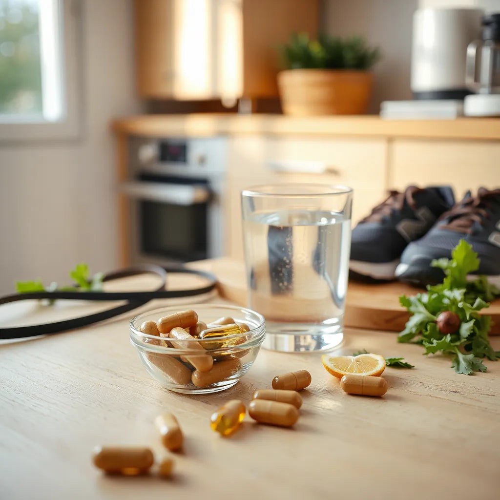 Suplementos en cápsulas, vaso de agua y elementos naturales sobre una mesa, con ambiente que sugiere energía y movimiento