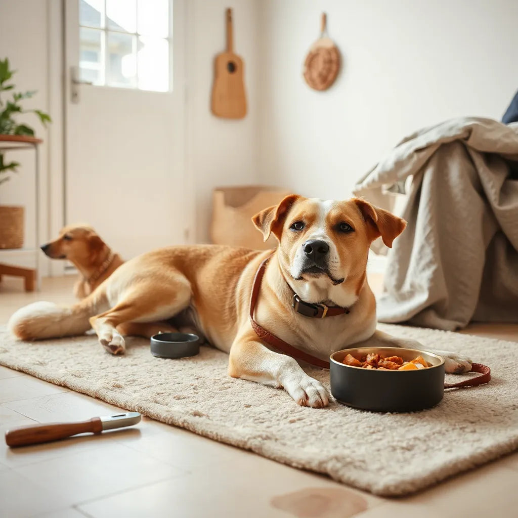 Perro relajado en casa mientras una persona prepara su comida para una rutina diaria de cuidado