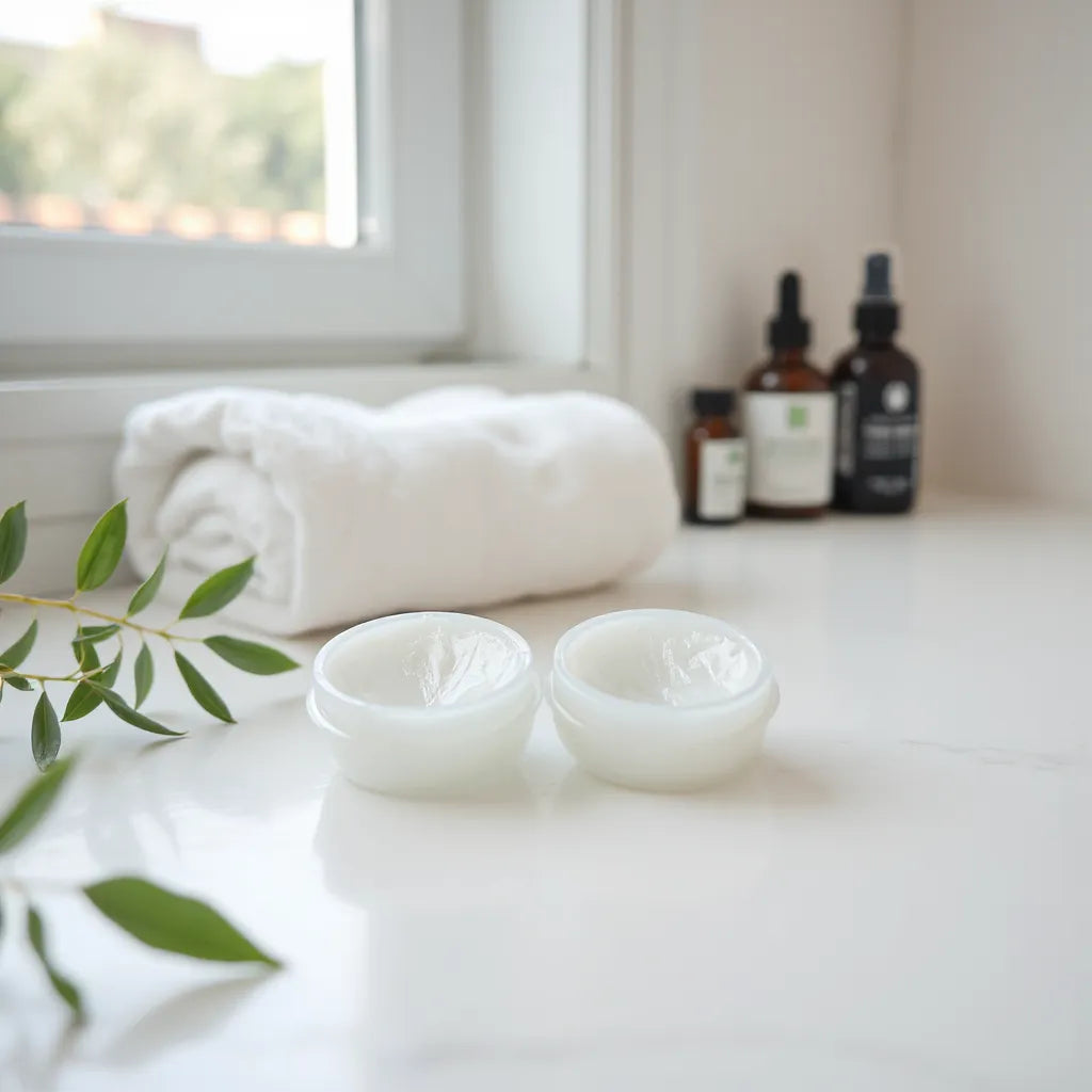Geles calmantes para los ojos sobre una toalla blanca, con luz natural y ambiente de cuidado facial
