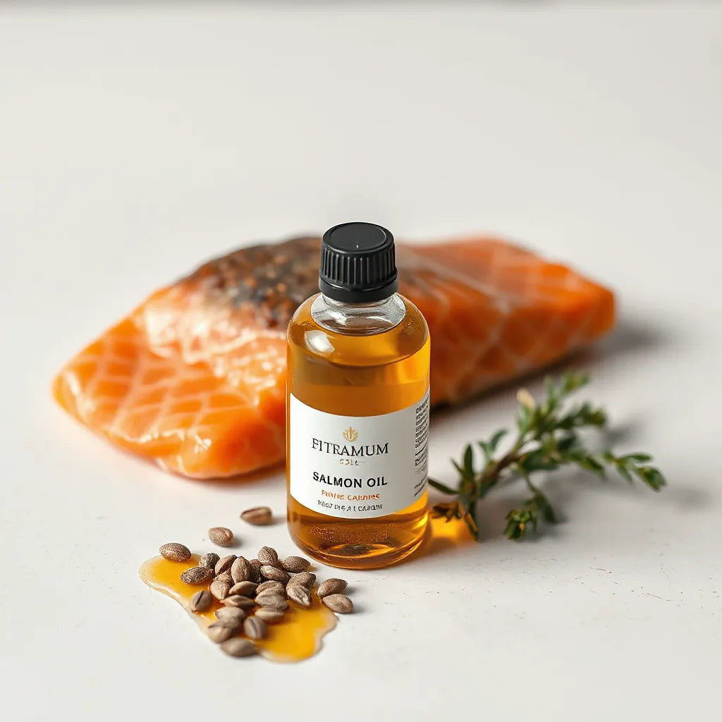 Botella de aceite de salmón premium con líquido ámbar, junto a un filete de salmón fresco sobre fondo claro