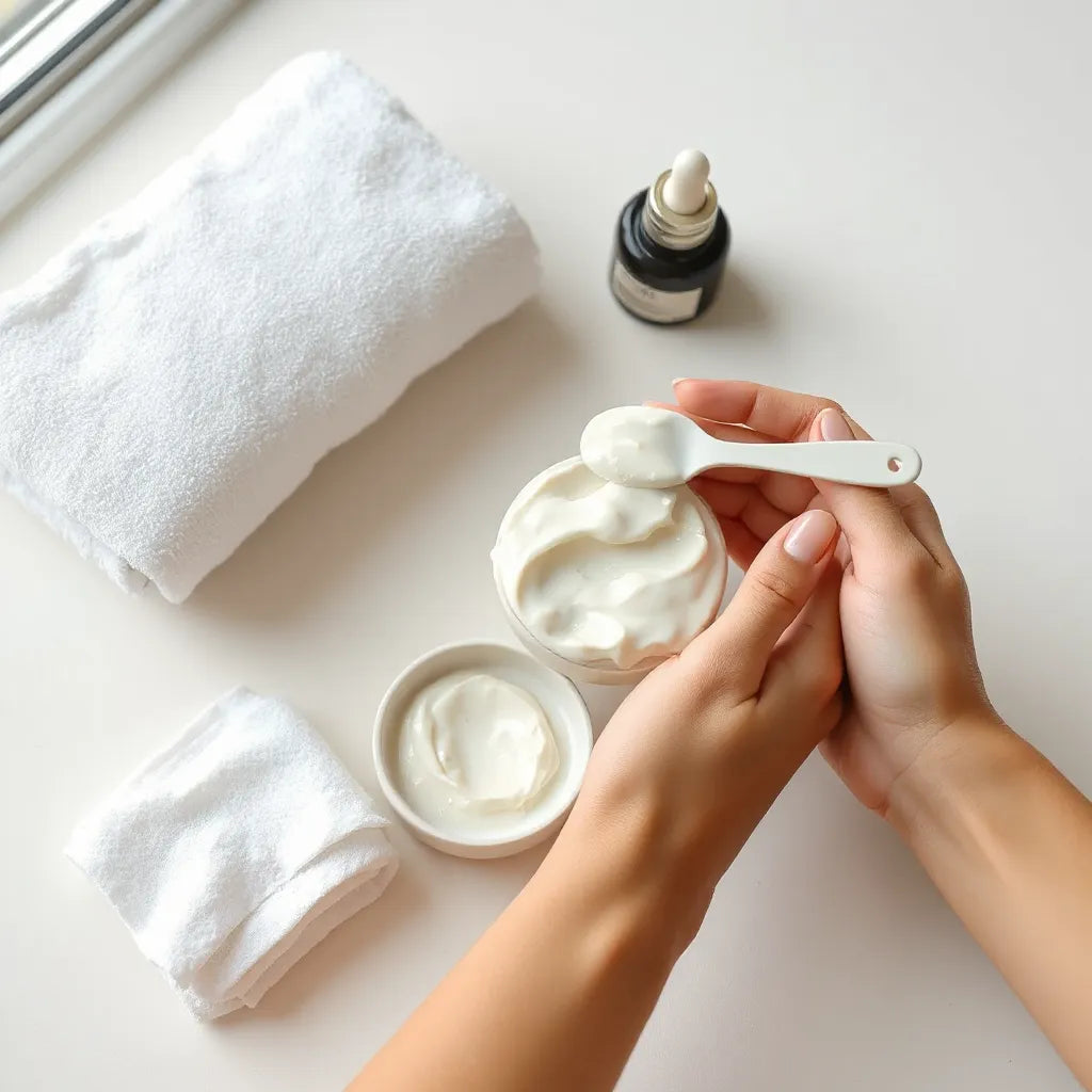 Manos aplicando una mascarilla cremosa en la mejilla con un cuenco de producto y elementos de cuidado alrededor