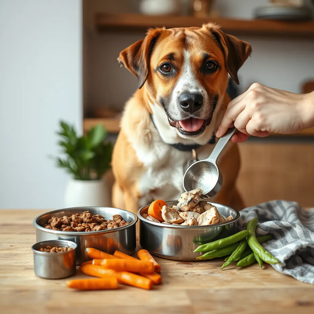Perro saludable junto a un cuenco con comida balanceada y ingredientes frescos para calcular porciones