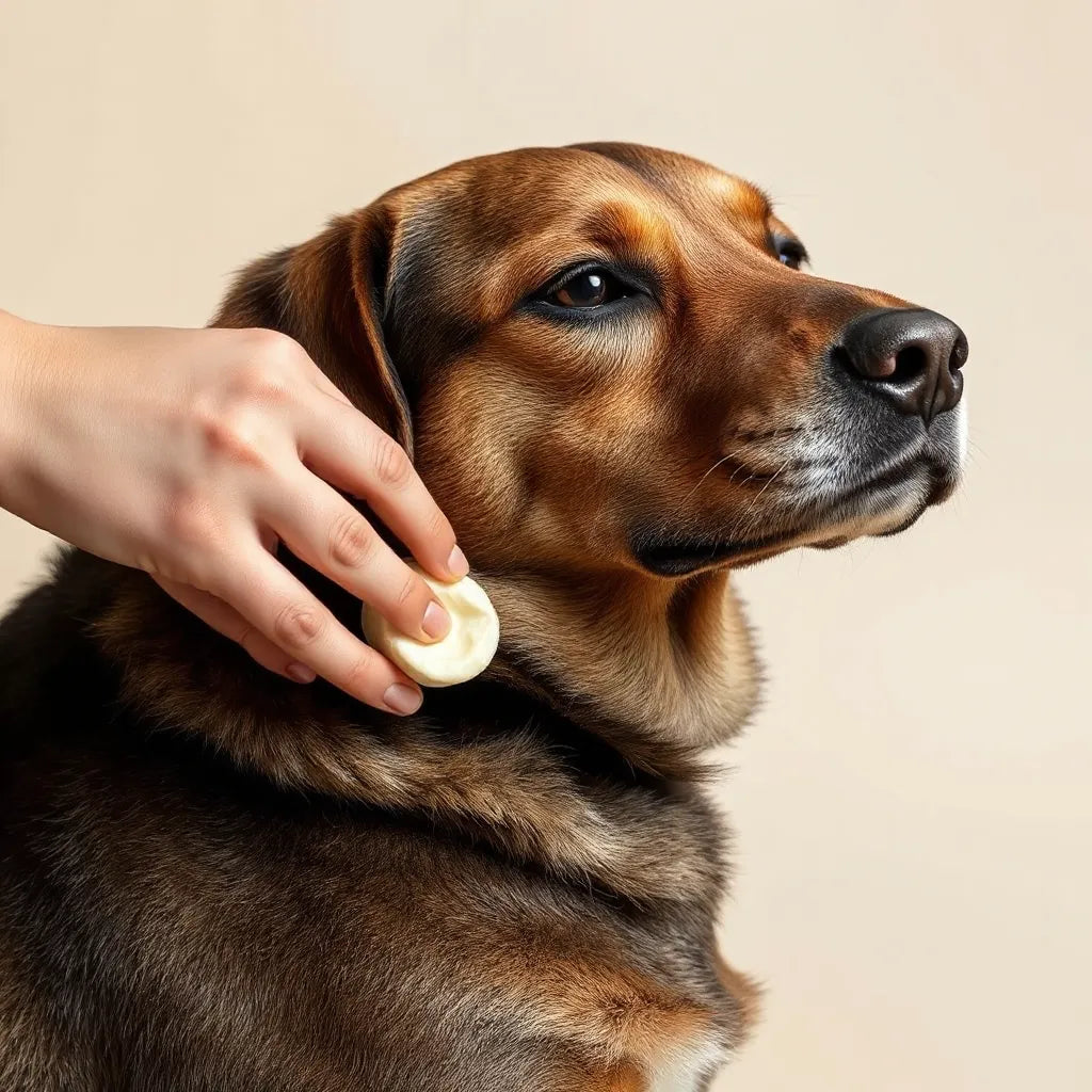 Persona aplicando un bálsamo hidratante sobre el pelaje de un perro tranquilo