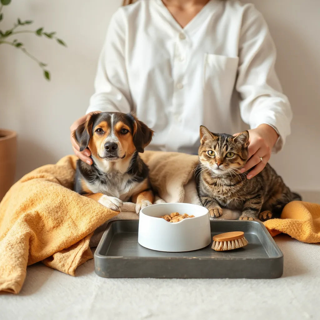 Persona cuidando a un perro y un gato en una rutina diaria con agua, cama y cepillo de higiene