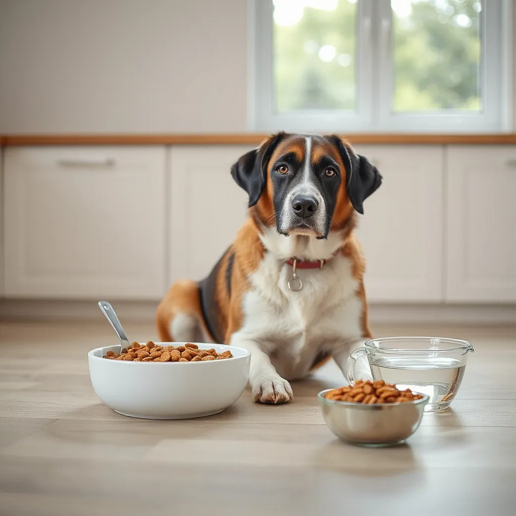 Perro sentado junto a un cuenco con comida saludable y una taza medidora, con agua disponible
