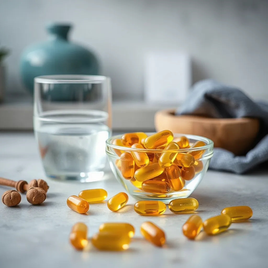Cápsulas de aceite omega 3 sobre un cuenco de vidrio junto a un vaso con agua