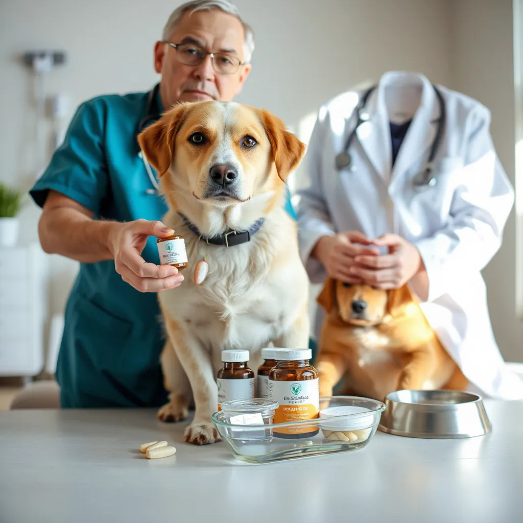 Perro sentado con el veterinario mostrando suplementos digestivos naturales en un entorno limpio