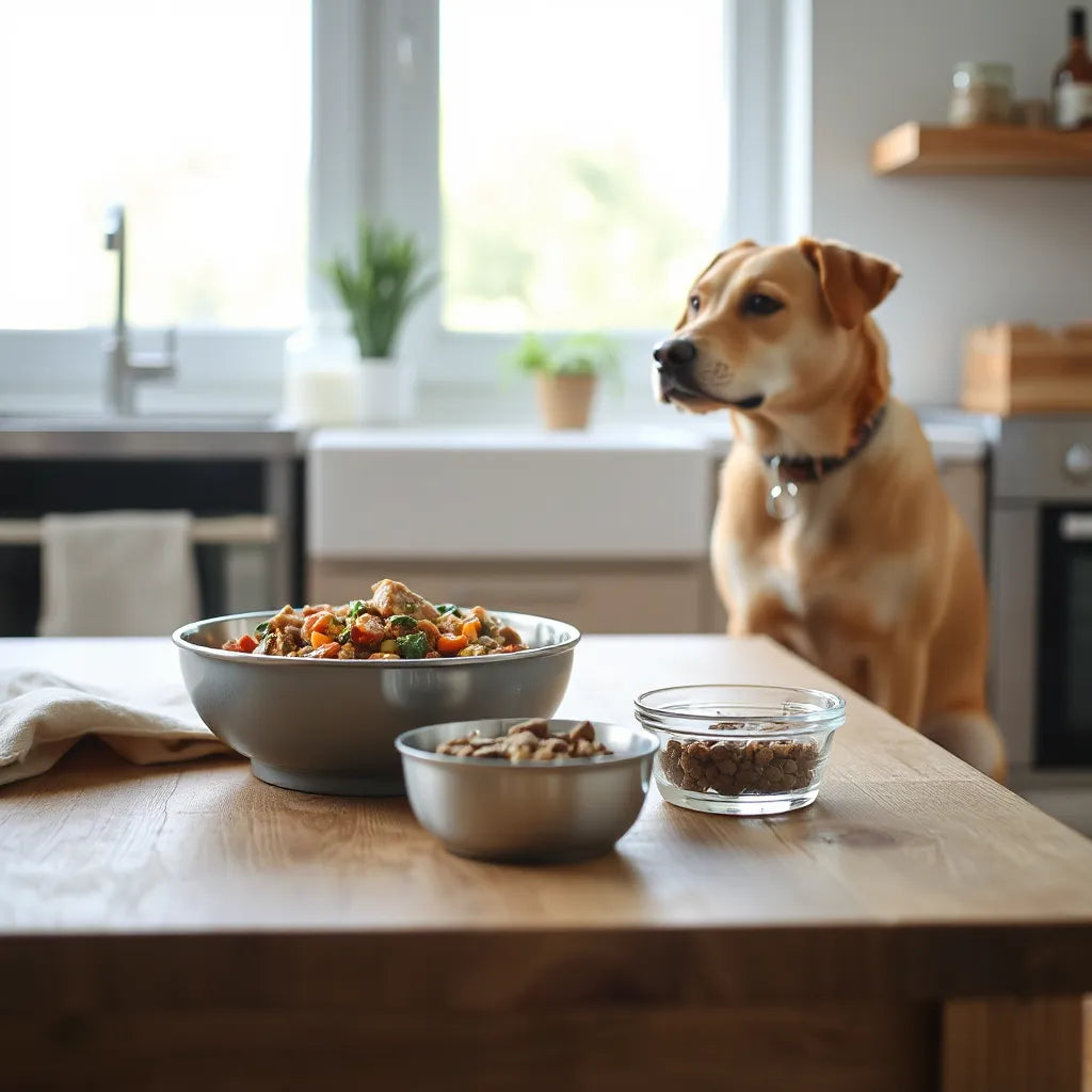 Bowl de comida casera para perro con verduras y carne, junto a un perro tranquilo en una cocina luminosa