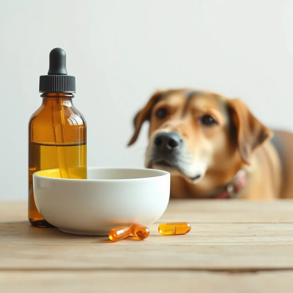 Aceite de salmón para perros con gotero y cápsulas, junto a un cuenco para mascotas y un perro tranquilo
