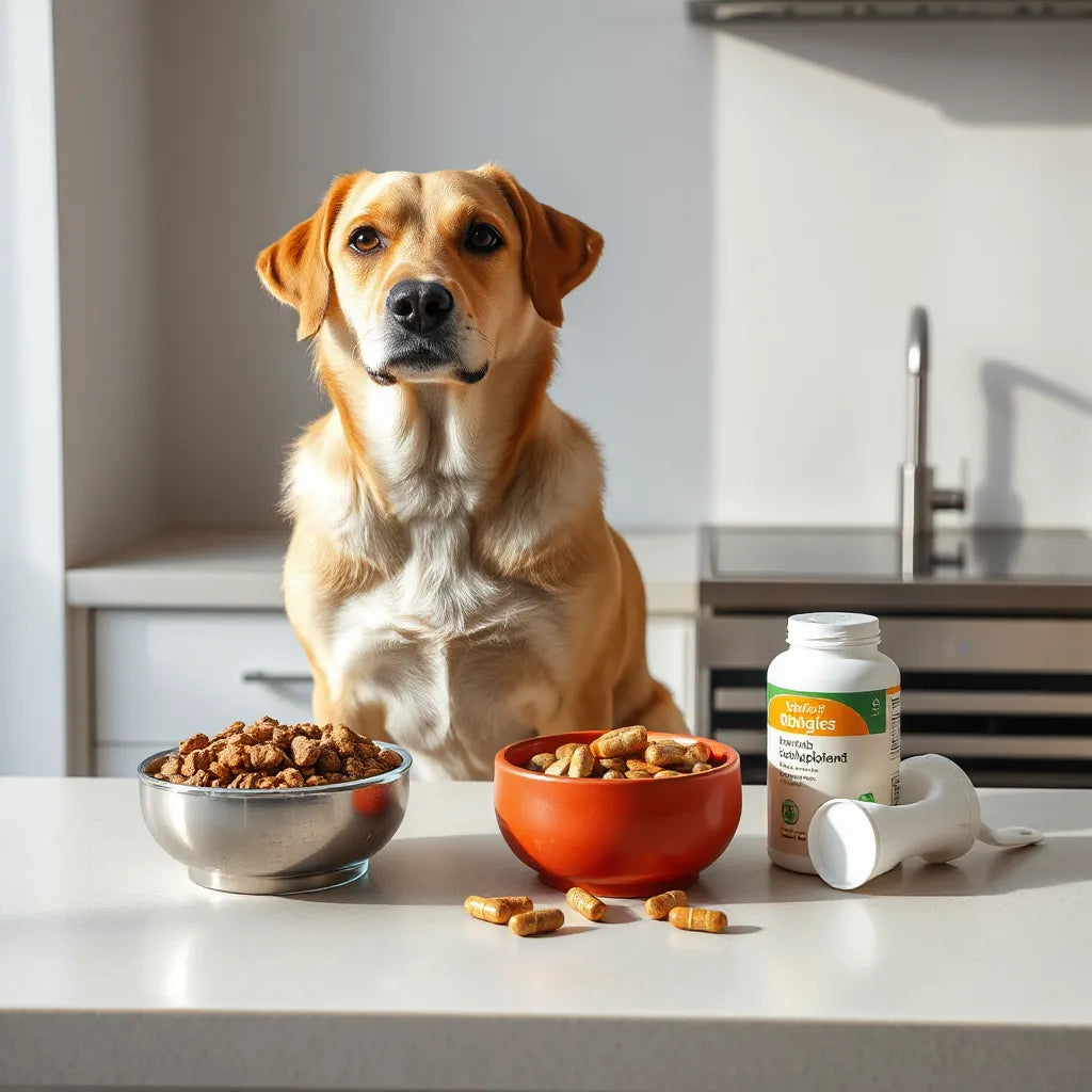 Perro sentado junto a un cuenco de comida y un frasco de suplemento genérico sin etiquetas