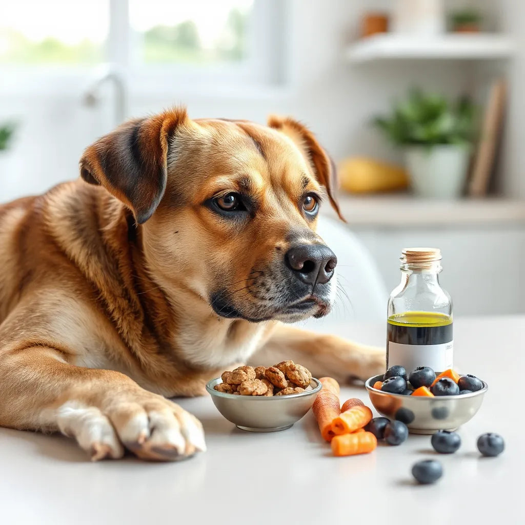 Perro saludable junto a alimentos naturales y suplementos veterinarios sin etiqueta