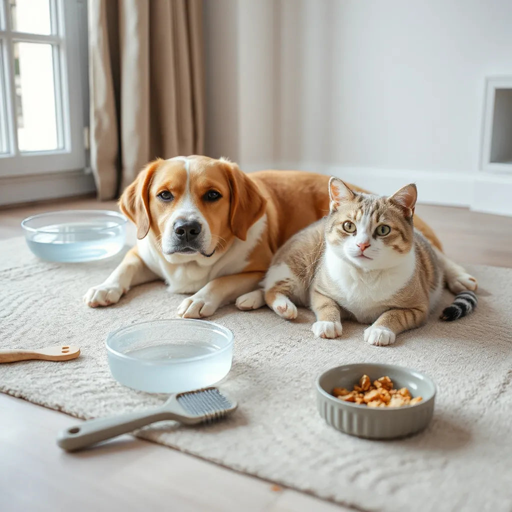 Perro y gato descansando junto a agua, cepillo y juguetes en un ambiente limpio y luminoso