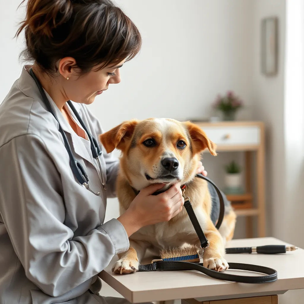 Persona cuidando con cariño a un perro en un entorno limpio y luminoso, con gesto de confianza
