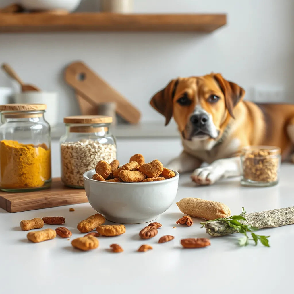 Bowl con premios naturales para perros y frascos con ingredientes sobre una mesa, con un perro tranquilo al lado