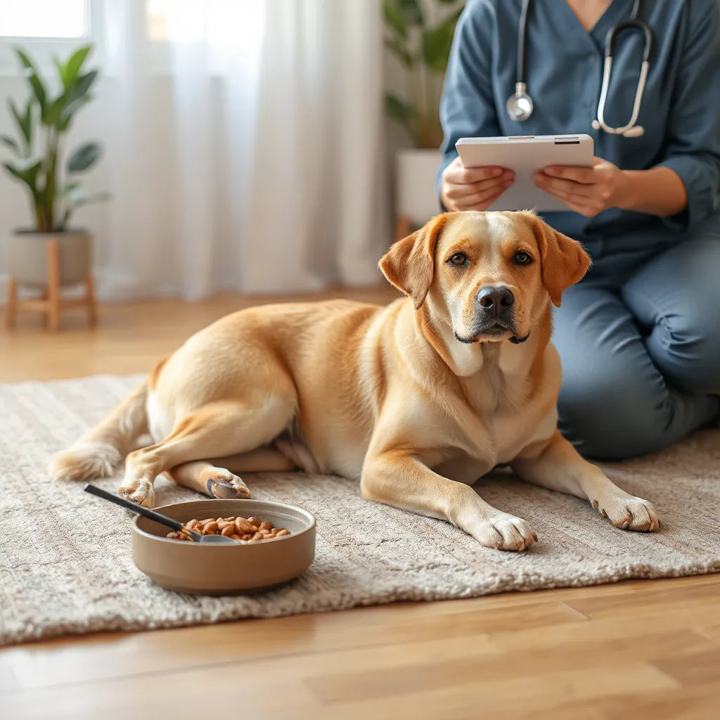 Perro tranquilo junto a un veterinario, con agua y comida para apoyar su digestión