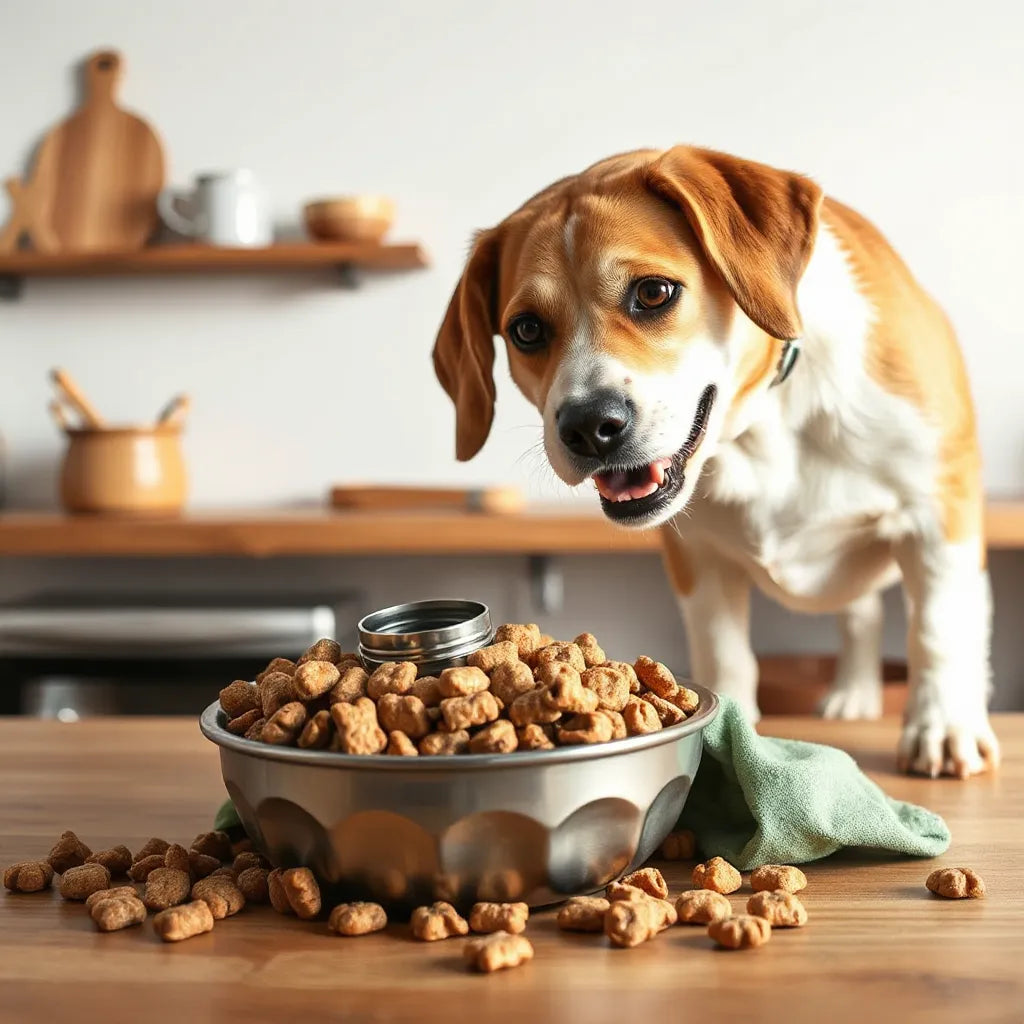 Perro feliz olfateando un cuenco con premios para perros en una cocina luminosa