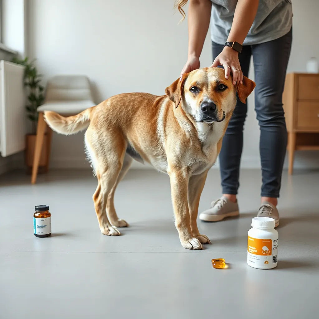 Perro de pie con asistencia suave en una pierna, acompañado por frascos de suplementos sin etiquetas