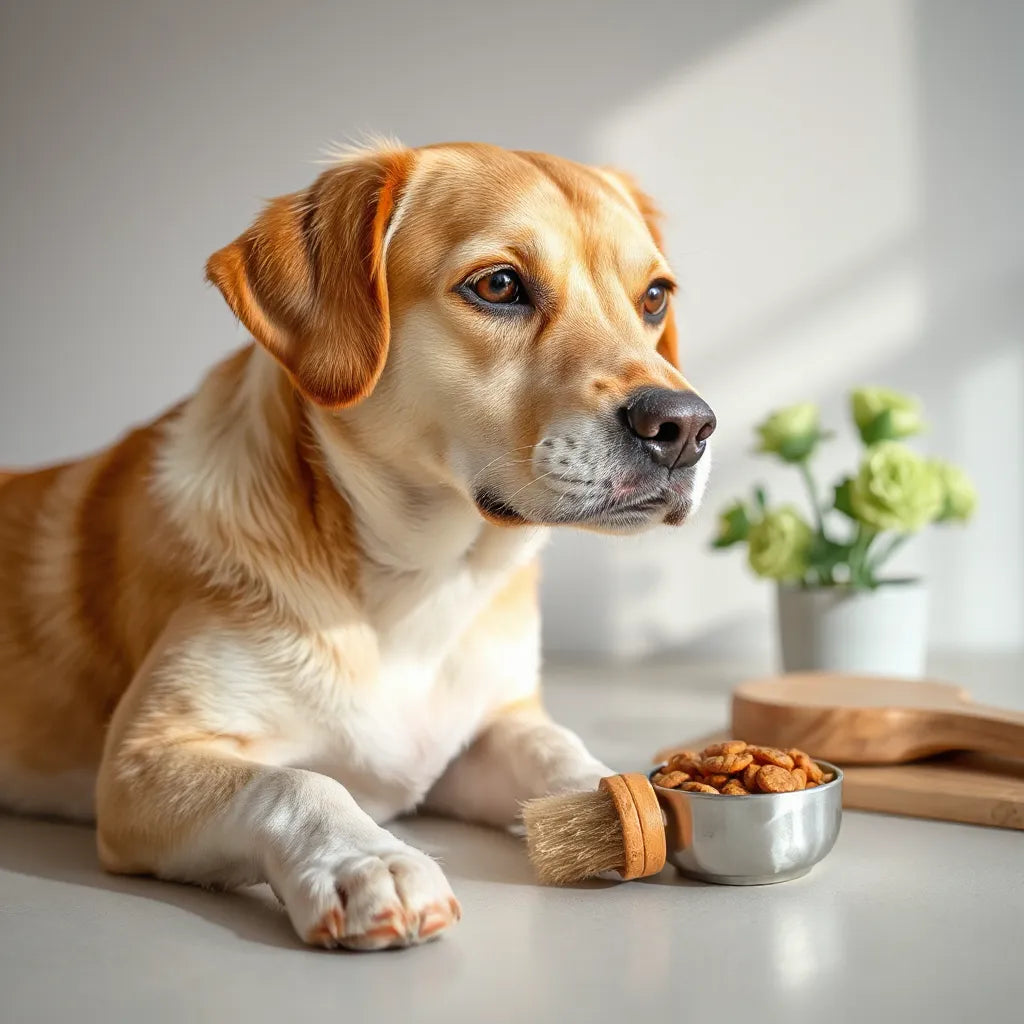 Perro de pelaje brillante y bien cuidado, con accesorios de cepillado y alimento para una piel saludable