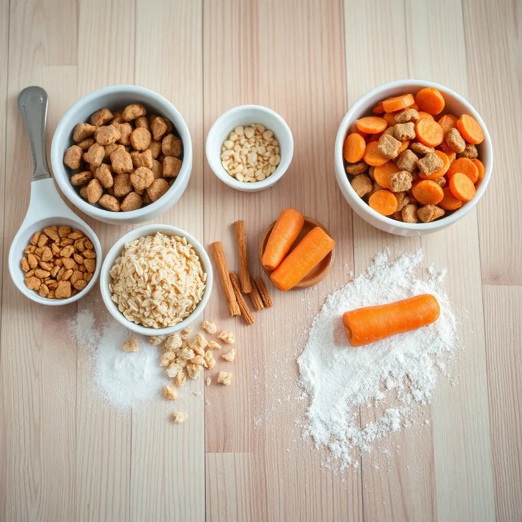 Variedad de ingredientes de alimentación para mascotas en mesa de madera bajo luz natural