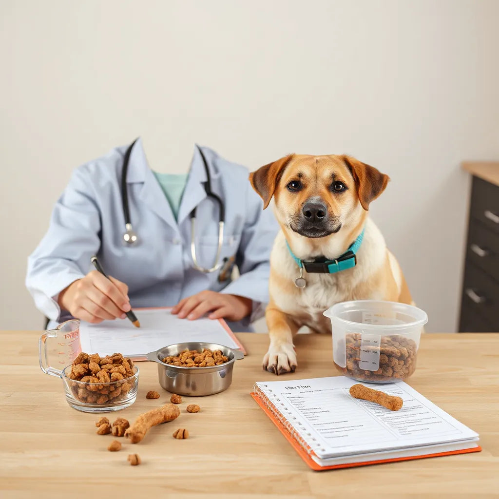 Veterinario revisando un plan de dieta para un perro con porción medida y cuenco
