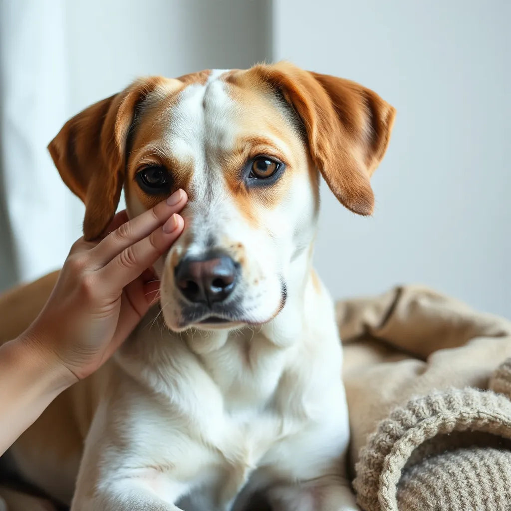 Perro tranquilo con pelaje saludable y una mano humana acariciándolo en un ambiente luminoso