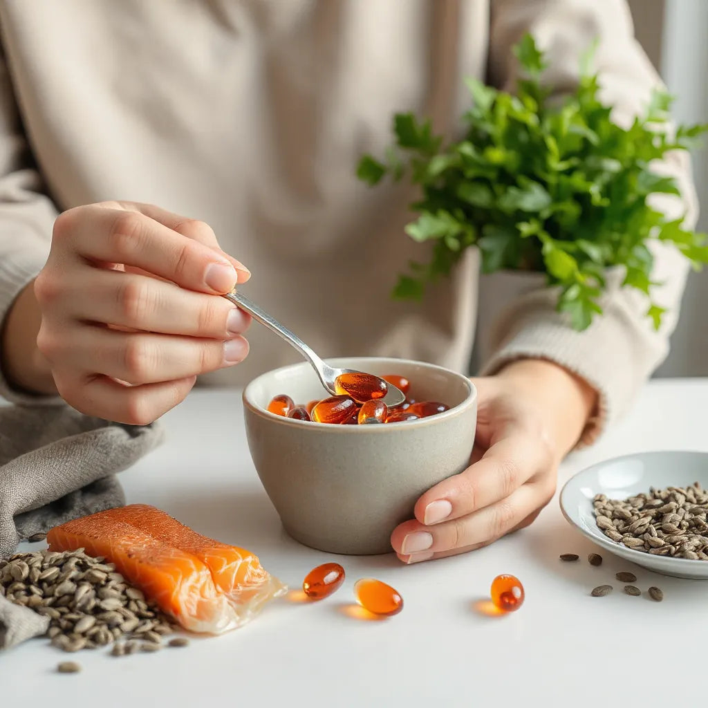 Cápsulas de omega 3 y alimentos como salmón y semillas de lino sobre una mesa, con luz natural suave