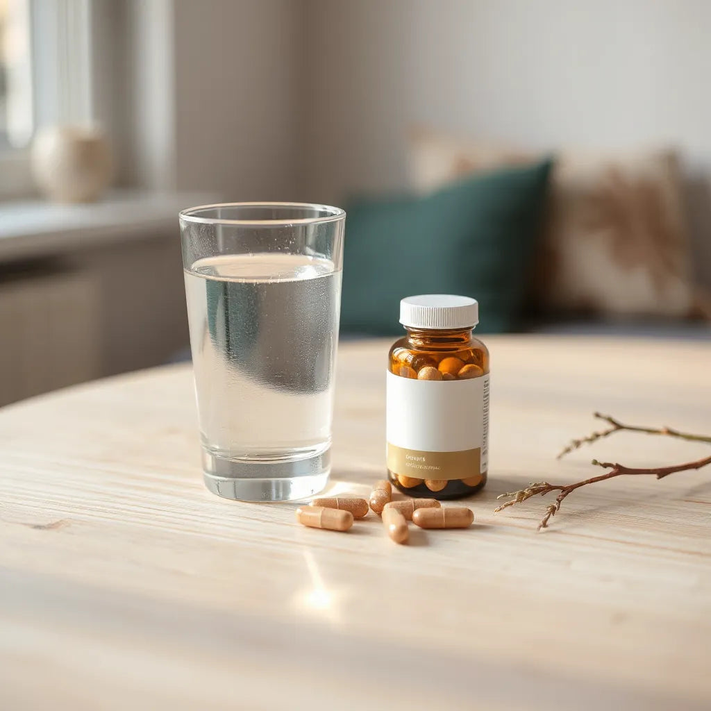Botella genérica de suplementos y cápsulas con un vaso de agua en una mesa de madera