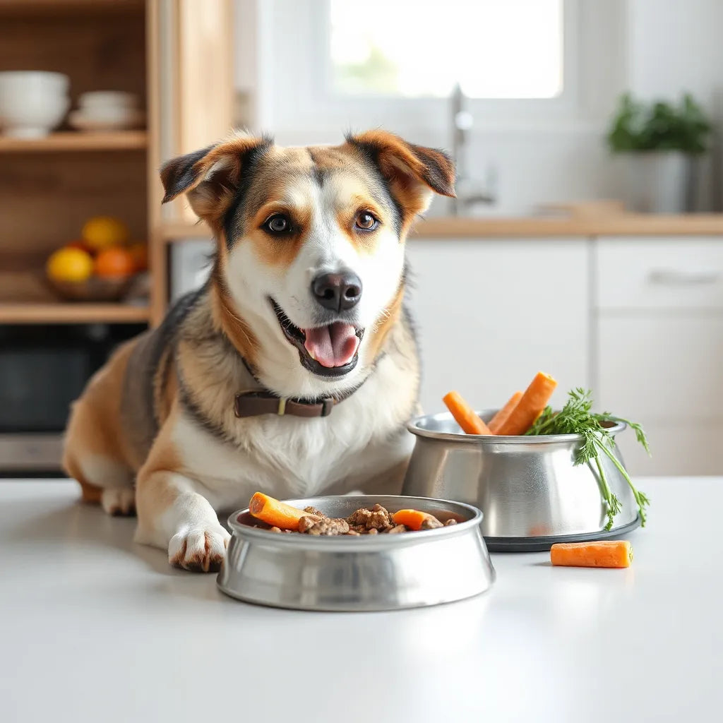 Perro saludable junto a un cuenco con comida para perros y verduras frescas en una cocina luminosa