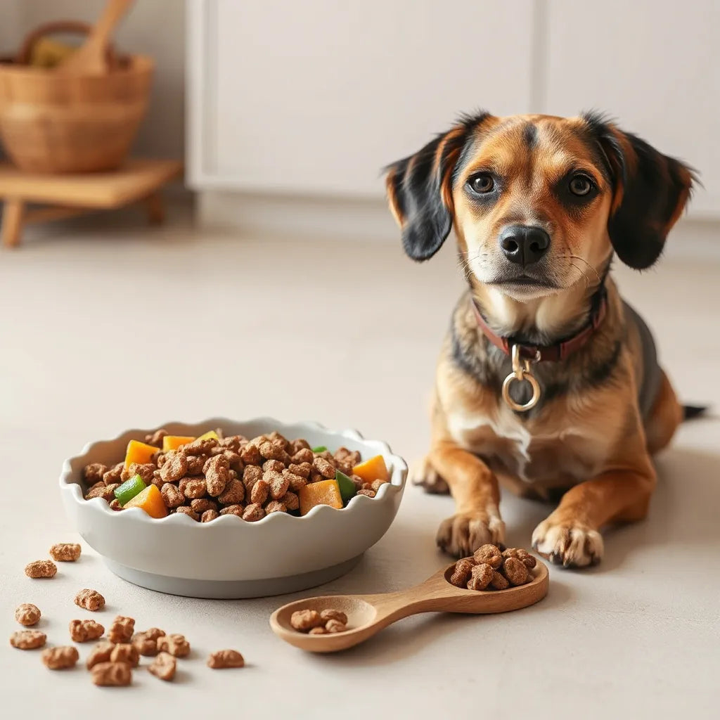 Perro junto a un cuenco con comida balanceada y verduras frescas en una cocina luminosa